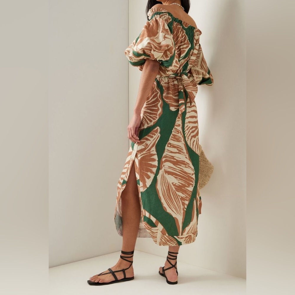 NWT Green and Tan Leaf-Print Off-Shoulder Midi Dress